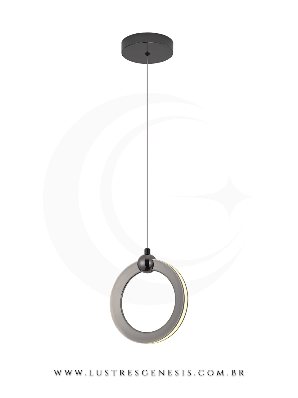 Pendente Moderno de LED Mercúrio Preto com design circular para iluminação de interiores. Lustres Gênesis Site online venda de Lustres e Iluminação Decorativa